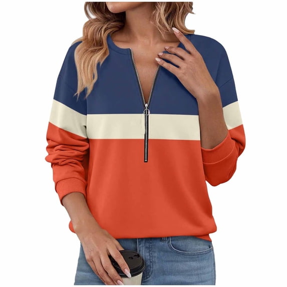 Enjoytime Zip Up Sweatshirt Women Fall Winter Patchwork Long Sleeve Tops Comfy Fashion Pullover Oversized Sweatshirts Orange L