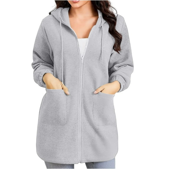 Enjoytime Zip Up Sweatshirt Women Solid Color Long Sleeve Pullover Hoodies Casual Loose Long Tunic Tops with Pockets Gray XXL