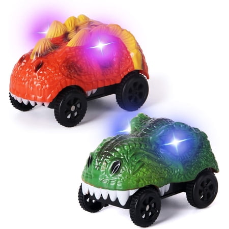 Enkey Dinosaur Electric Track Car Dinosaur Car ,Track Car Replacement Only,LED Light Up Dinosaur Cars Compatible with Most Tracks (2 Pack)