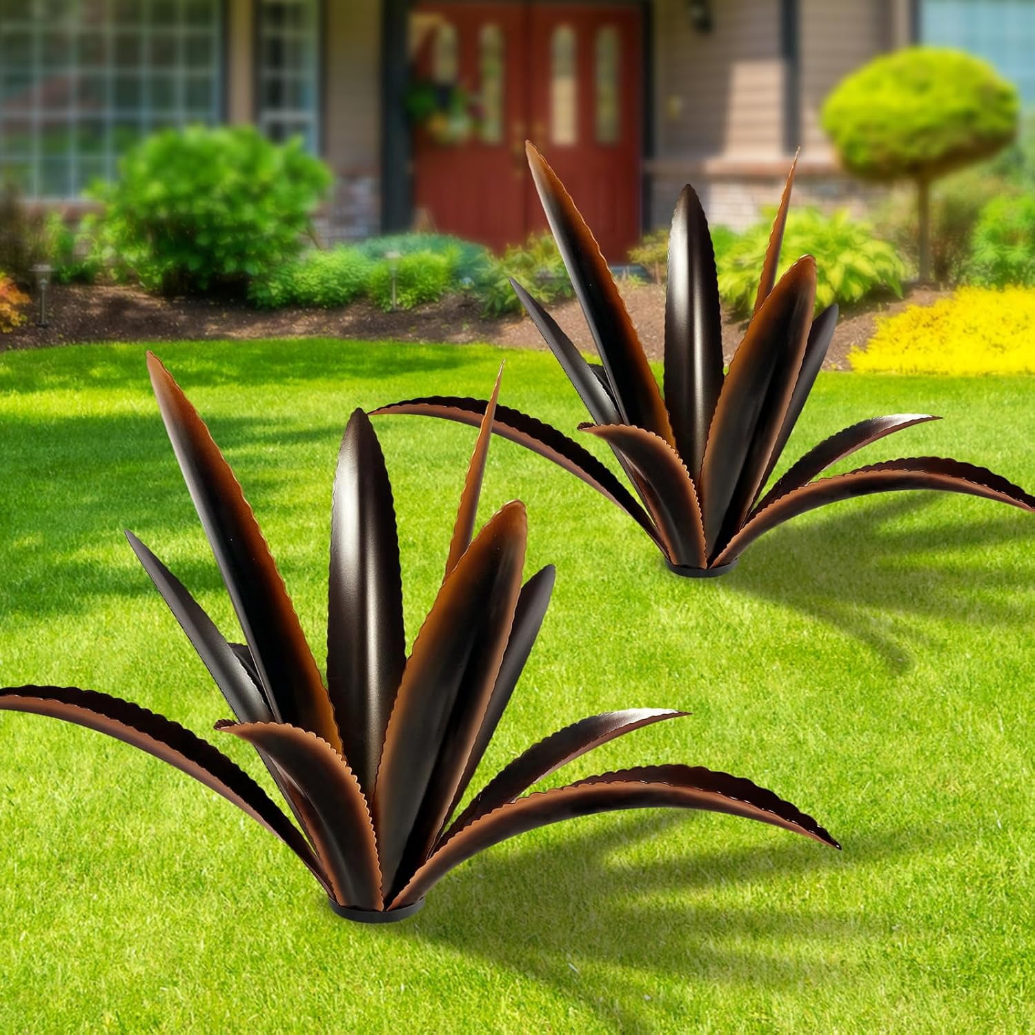 Enlarge Thickened Wind Resistant Metal Agave Garden Art Country Garden Sculpture Statue Outdoor Decoration Agave Metal Plant Courtyard Lawn Ornament Gift (1, 12 Leaves Black)