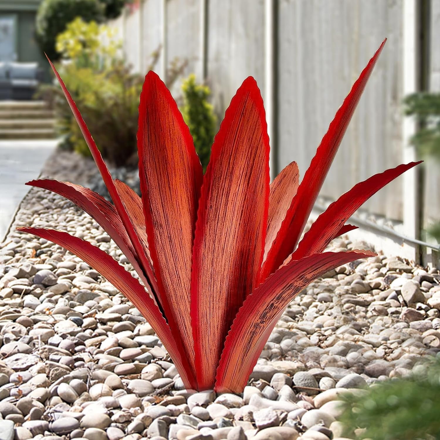 Enlarge Thickened Wind Resistant Metal Agave Garden Art Metal Plant Country Garden Sculpture Statue Outdoor Decoration Agave Metal Plant Courtyard Lawn Ornament Gift (2, 12 Leaves red)