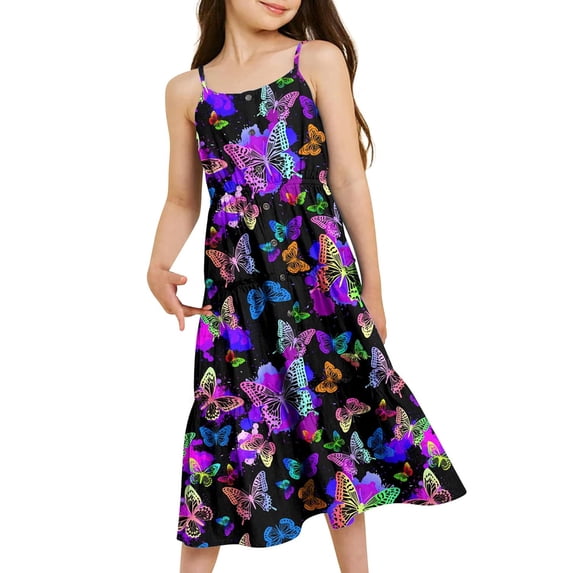 Enlifety Girls Summer Casual Dress Tiered Dresses Spaghetti Straps Butterfly Twirl Swing Size 6 14T &W10Black 6-7 Years