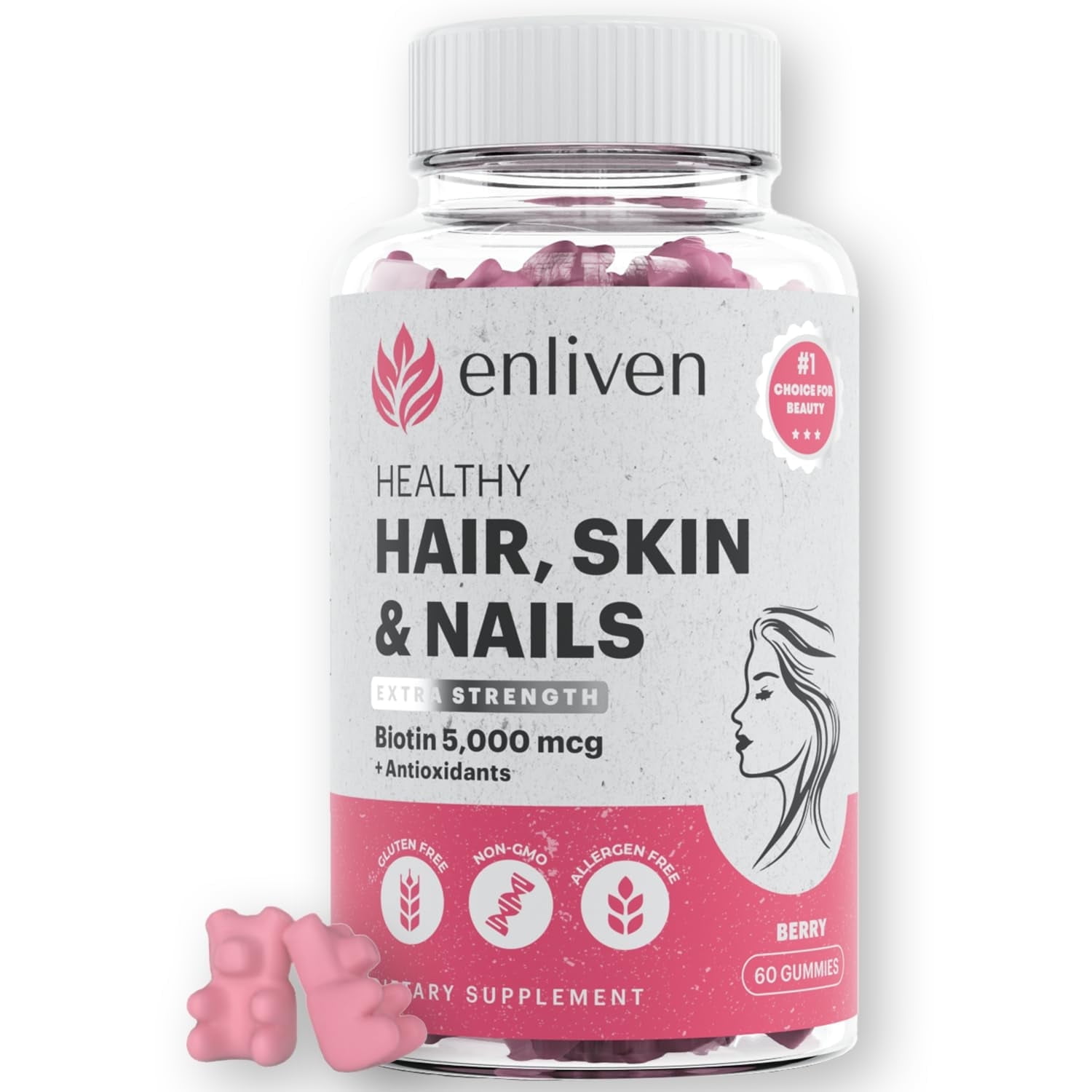 Enliven Biotin Hair Skin and Nail Supplements | Biotin Gummies Vitamins | Berry Flavor (60 Gummies)