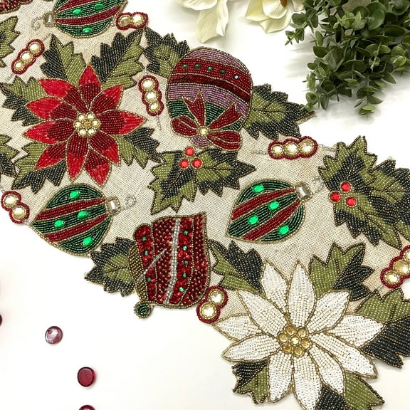 Enliven Handmade Christmas table runner, beaded runner, multi colour, 13x36inch