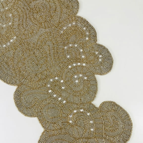 Enliven, Handmade XL table runner, beaded table runner, gold clear white beads, 13x60inch