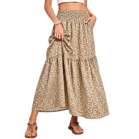 Enmain Flowy Maxi Skirt for Women Floral Pleated High Waist Drawstring Tiered Skirts with Pockets