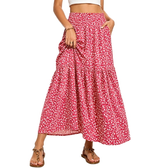 Enmain Flowy Maxi Skirt for Women Floral Pleated High Waist Drawstring Tiered Skirts with Pockets