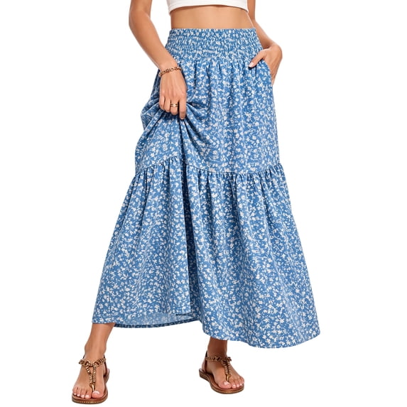 Enmain Flowy Maxi Skirt for Women Floral Pleated High Waist Drawstring Tiered Skirts with Pockets