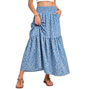 Enmain Flowy Maxi Skirt for Women Floral Pleated High Waist Drawstring Tiered Skirts with Pockets