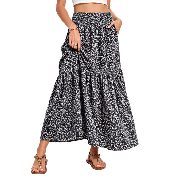 Enmain Flowy Maxi Skirt for Women Floral Pleated High Waist Drawstring Tiered Skirts with Pockets