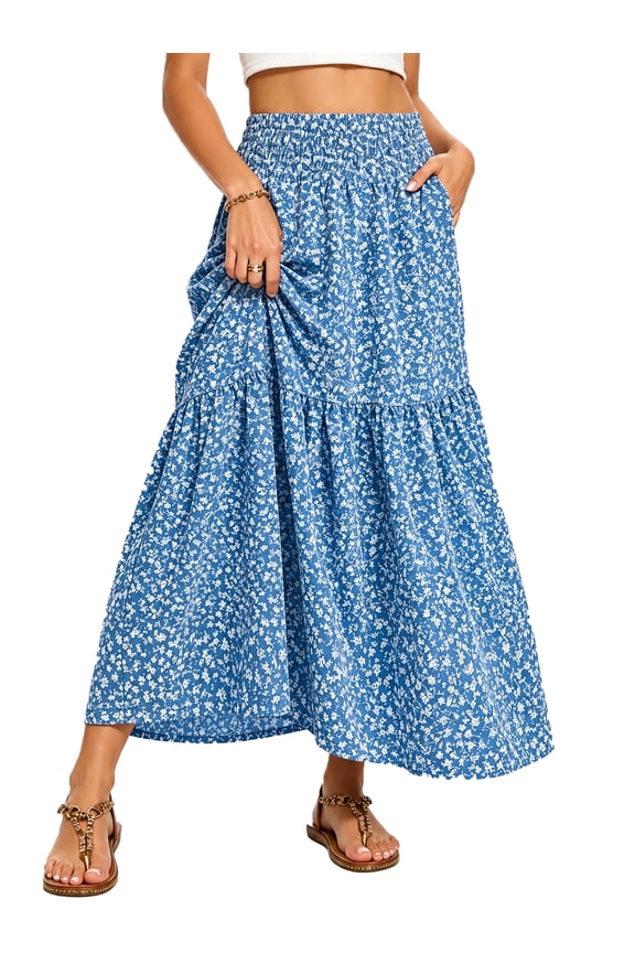Flowy Maxi Skirt for Women Floral Pleated High Waist Drawstring Tiered Skirts with Pockets