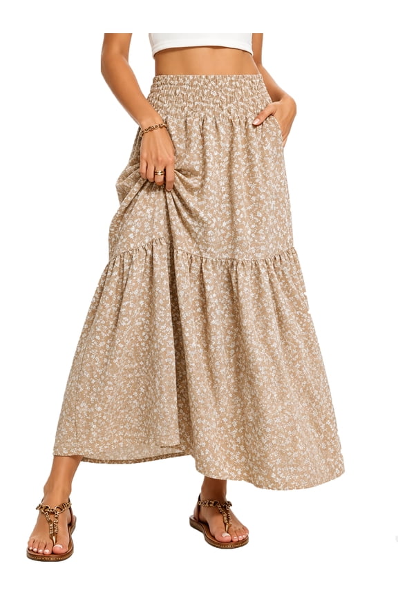 Flowy Maxi Skirt for Women Floral Pleated High Waist Drawstring Tiered Skirts with Pockets