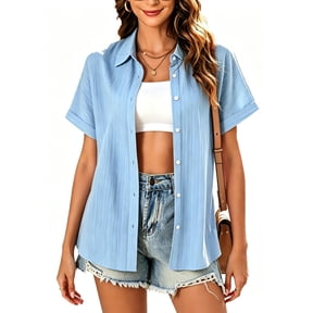 Enmain Womens Button Down Shirt Short Sleeve Collared Textured Summer Tops Casual Beach Shirt Sky Blue 2XL