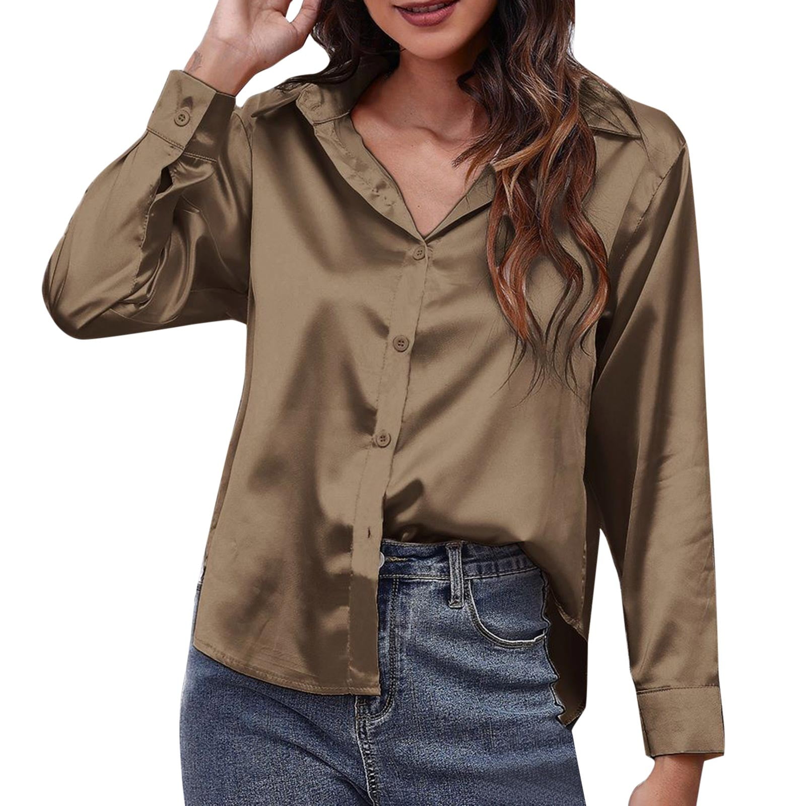 Enmain Womens Tunic Tops 3 4 Sleeve White Button Down Shirt Women Short Sleeve 3X Satin Shirt Women s Satin Imitation Silk Long Sleeved Shirt New