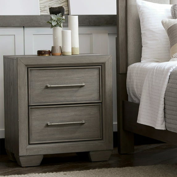 Ennesley Gray Wood 2 Drawers Nightstand with USB Charger