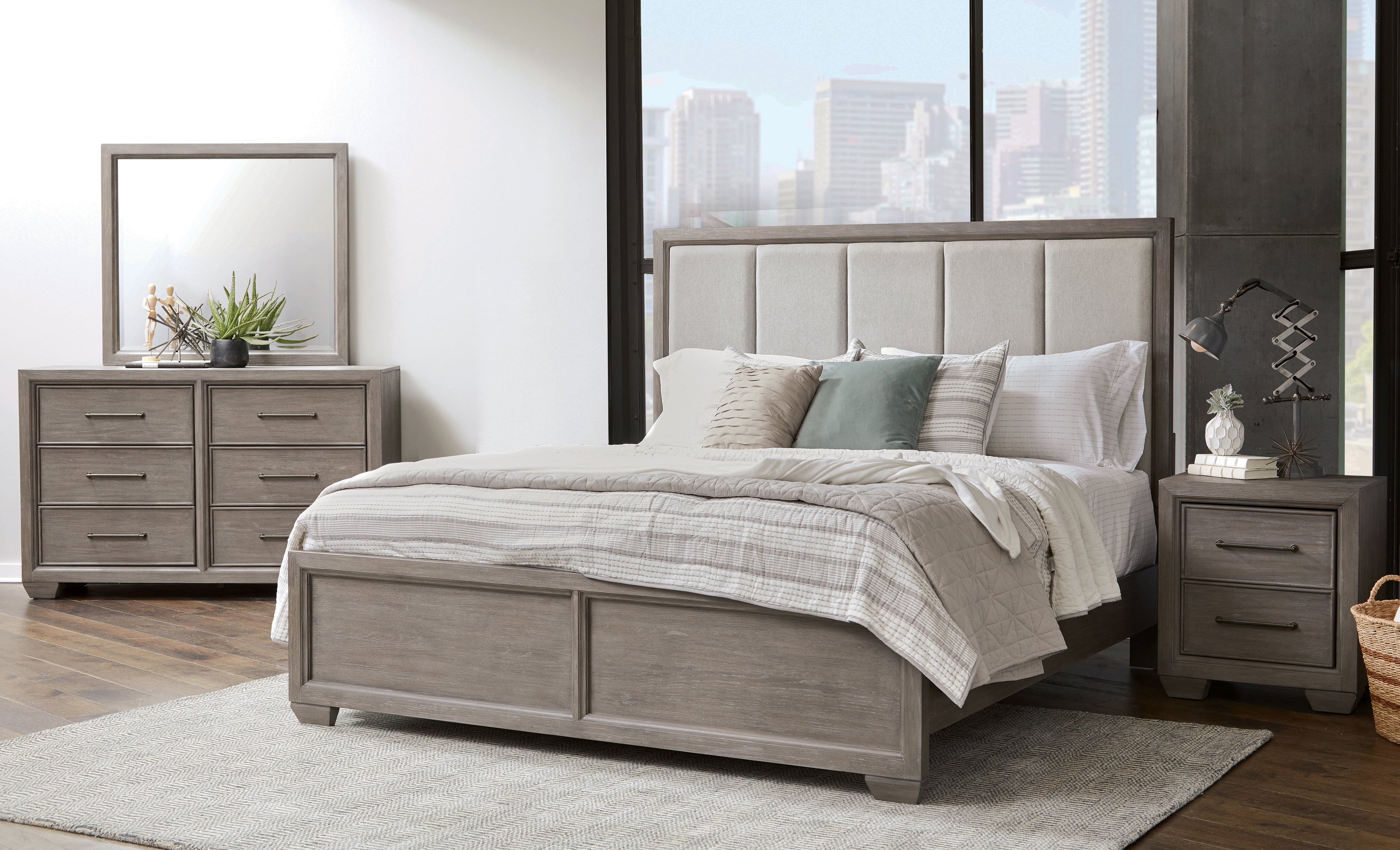 Ennesley Gray Wood Bedroom Set with Upholstered Panel Queen Bed