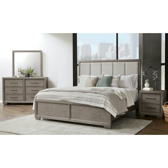 Ennesley Gray Wood Bedroom Set with Upholstered Panel Queen Bed, Dresser, Mirror, and Nightstand