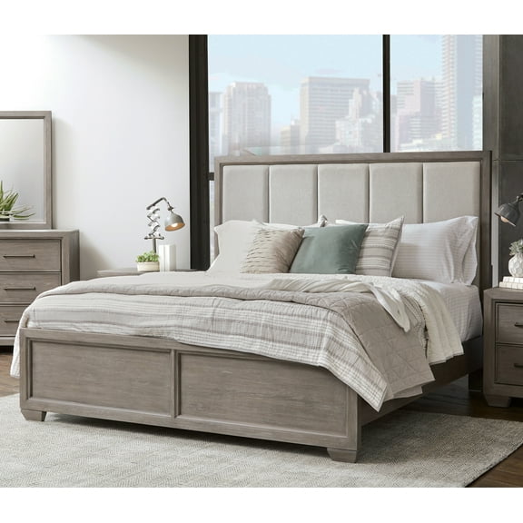 Ennesley Gray Wood Upholstered Panel Bed, Queen Size
