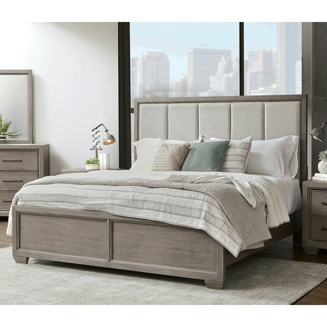 Ennesley Gray Wood Upholstered Panel Bed, Queen Size