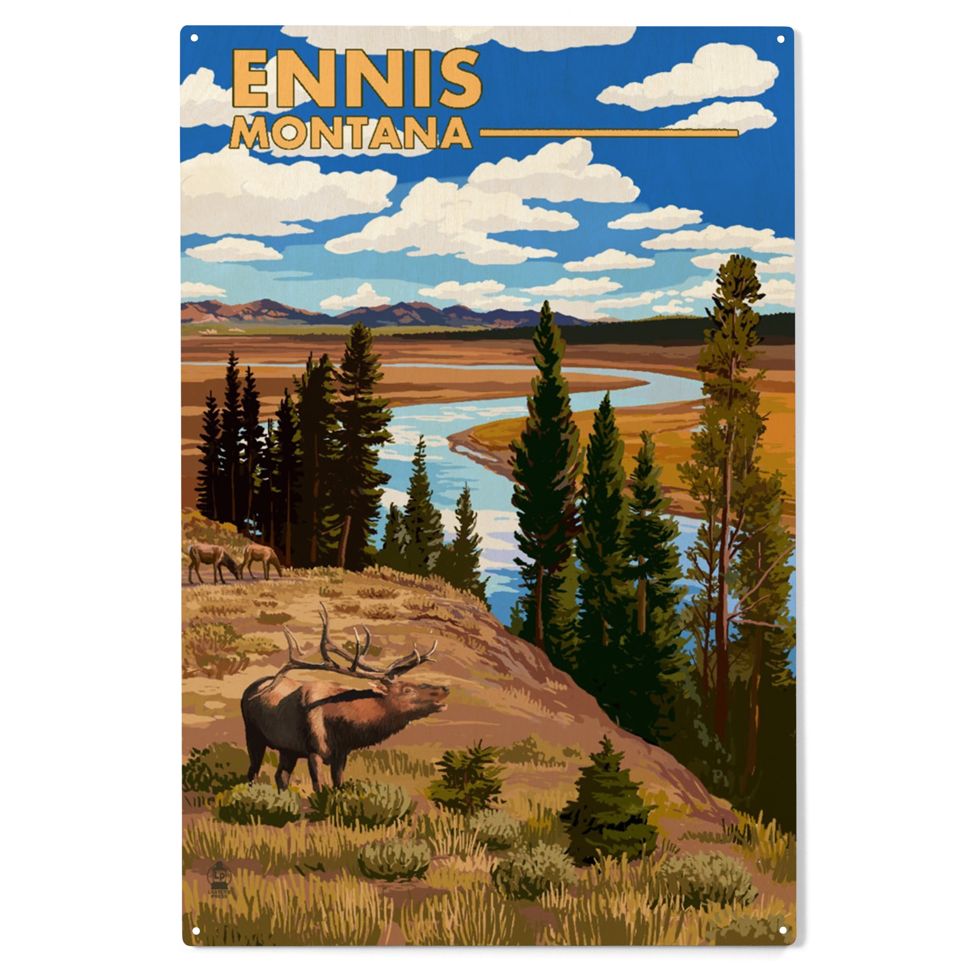 Ennis, Montana, Yellowstone River and Elk Birch Wood Wall Sign