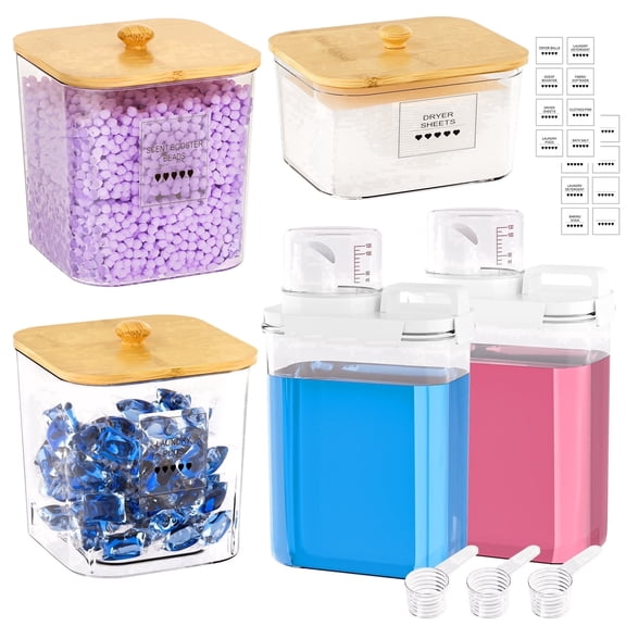 Enogets 5-Pack Laundry Pods Containers with Bamboo Lids, Clear Jars for Washing Detergent and Scent Beads, Includes Labels and Scoops
