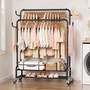 Enogets Heavy Duty Double Rod Garment Rack, Rolling Clothing Racks for Hanging Clothes with Shelves & Wheels, Black