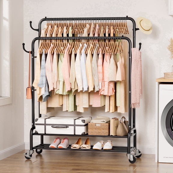 Enogets Heavy Duty Double Rod Garment Rack, Rolling Clothing Racks for Hanging Clothes with Shelves & Wheels, Black