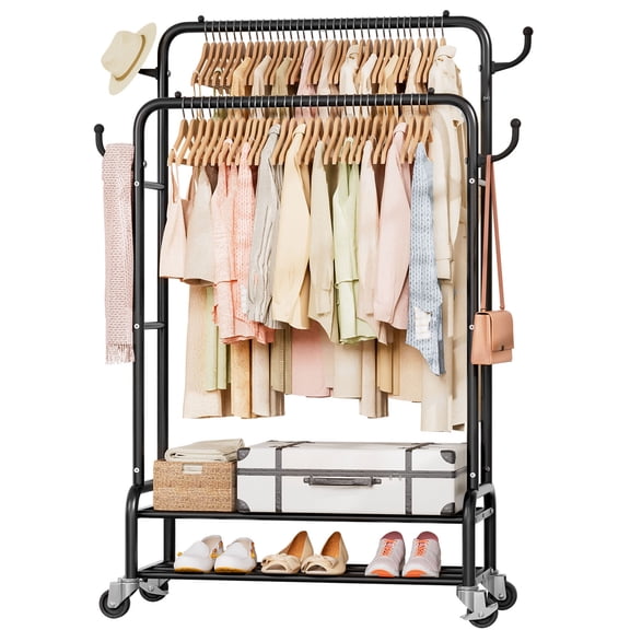 Enogets Heavy Duty Double Rod Garment Rack, Rolling Clothing Racks for Hanging Clothes with Shelves & Wheels, Black