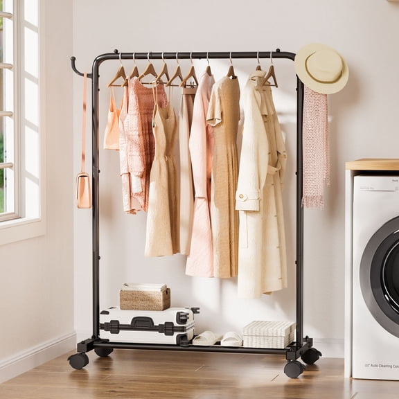 Enoget Heavy Duty Rolling Garment Rack，Mental Clothing Rack for Hanging with Stroage Shelf and Hooks（Black, 31.5"）