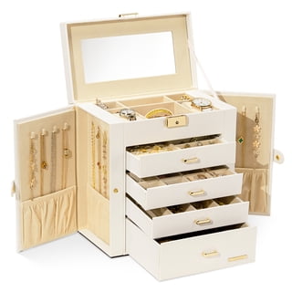 Enogets Large Jewelry Box for Women with Mirror, 5-Layer 4-Drawer Organizer for Rings, Earrings & Necklaces,White