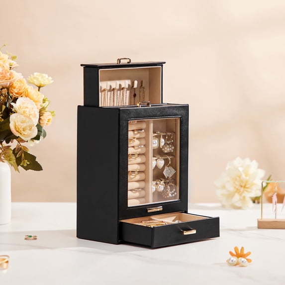 Enogets Jewelry Organizer with Display Windows& 3 Drawers, Jewelry Box for Girls Women Jewels(Black + Gold)