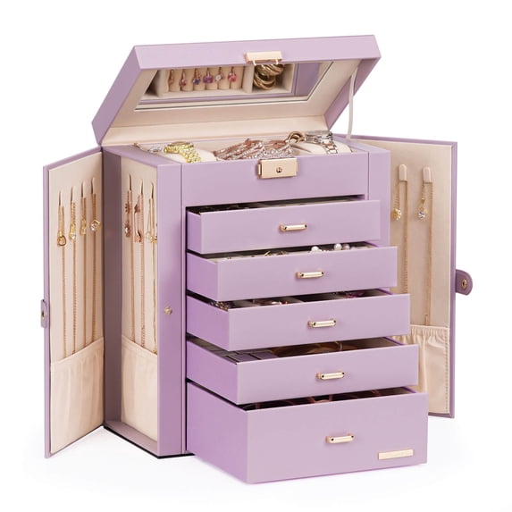 Enogets Large Jewelry Box for Women, 6-Layer Jewelry Organizer with 5 Drawers, Lockable Storage Case with Mirror & Necklace Hooks,Dusty Purple