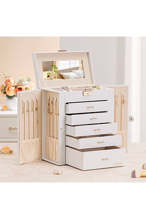 Large Jewelry Box for Women, 6 Layers 5 Drawers Organizer with Mirror for Ring Earring Necklace (White)
