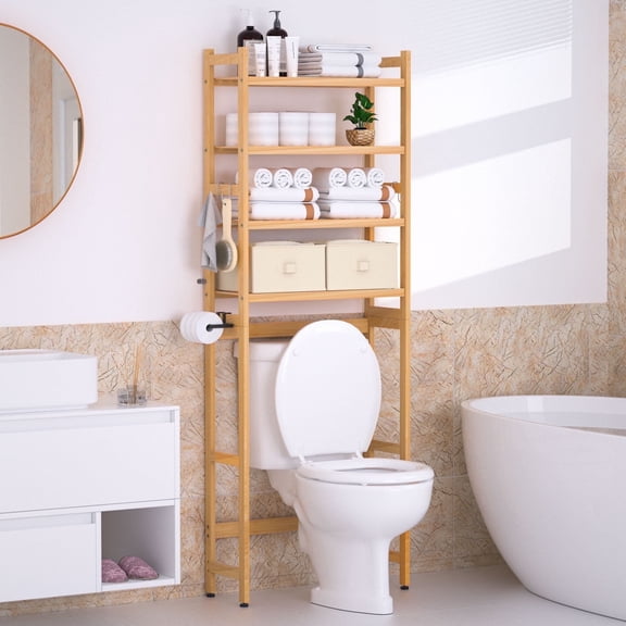 Enogets Over the Toilet Storage, Bamboo Bathroom Shelf Organizer with 2 Baskets & 4 Hooks, 4-Tier Space Saver