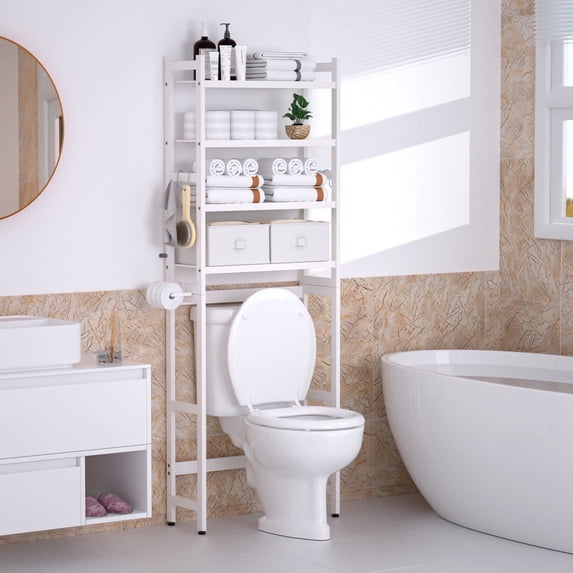 Enogets Over the Toilet Storage, Bamboo Bathroom Shelf Organizer with 2 Baskets & 4 Hooks, 4-Tier Space Saver
