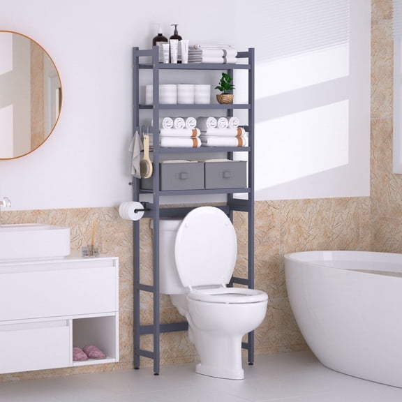 Enogets Over the Toilet Storage, Bamboo Bathroom Shelf Organizer with 2 Baskets & 4 Hooks, 4-Tier Space Saver