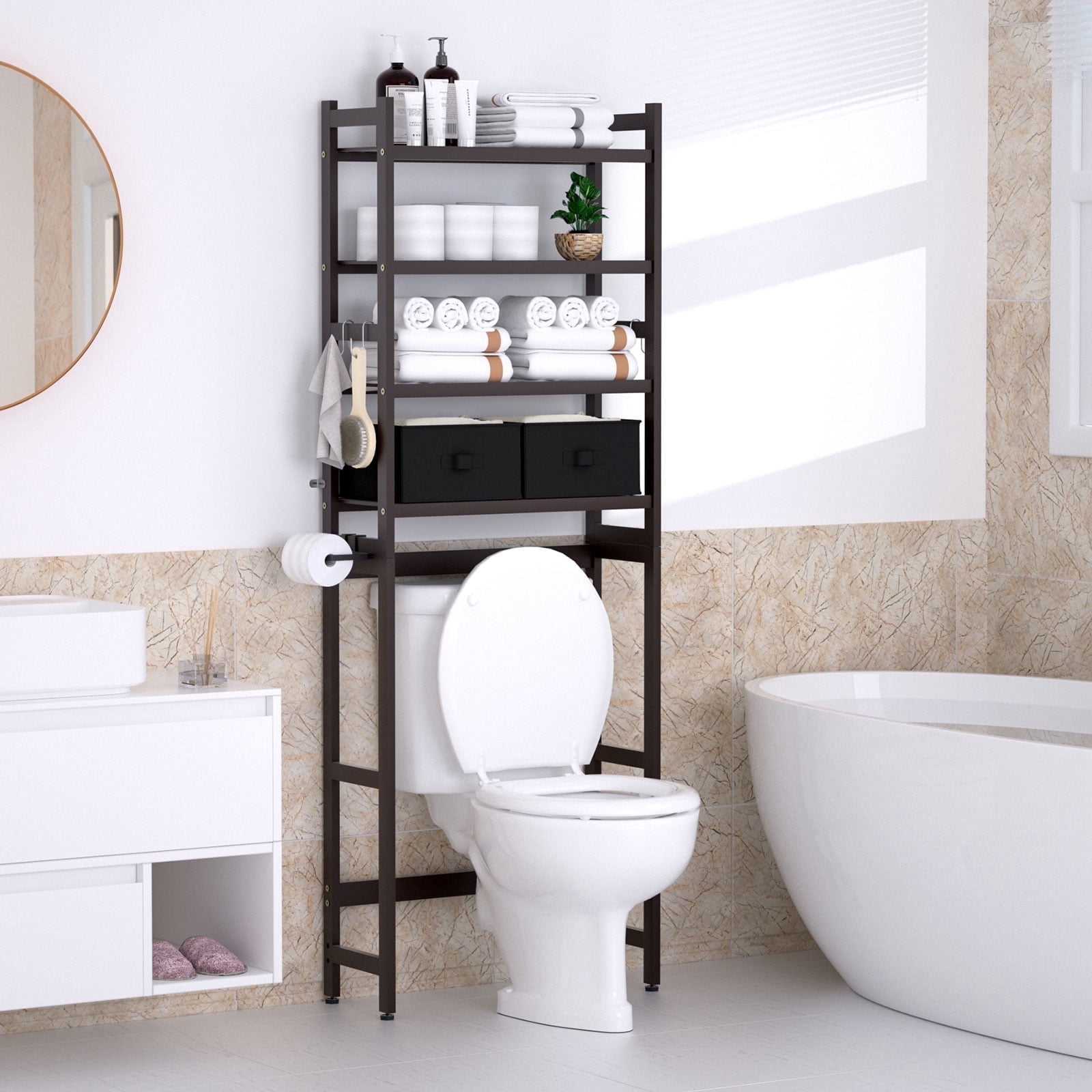 Enogets Over the Toilet Storage, Bamboo Bathroom Shelf Organizer with 2 Baskets & 4 Hooks, 4-Tier Space Saver