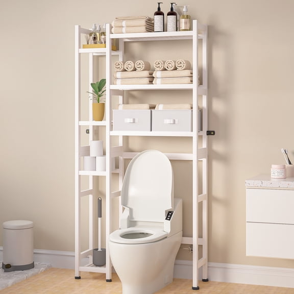 Enogets Over the Toilet Storage, Bamboo Bathroom Organizer with Adjustable Rack, Basket, Drawer & Waterproof feet