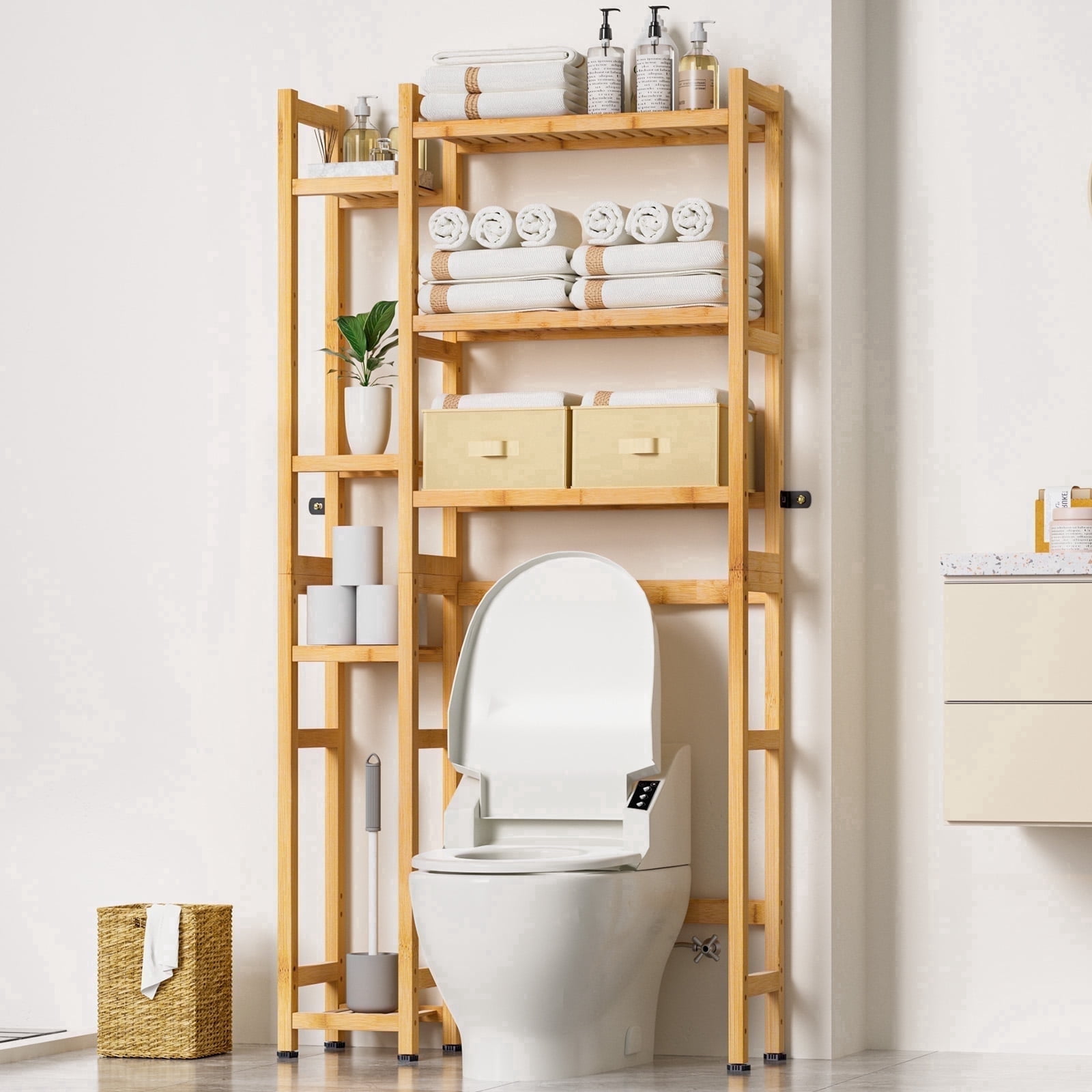 Enogets Over the Toilet Storage, Bamboo Bathroom Organizer with Adjustable Rack, Basket, Drawer & Waterproof feet