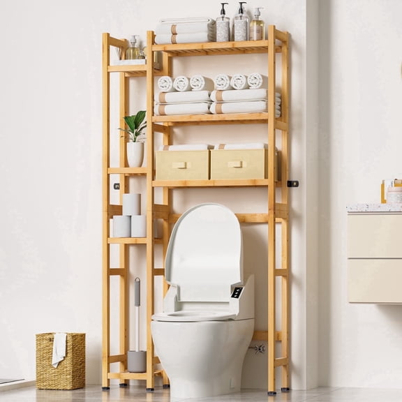 Enogets Over the Toilet Storage, Bamboo Bathroom Organizer with Adjustable Rack, Basket, Drawer & Waterproof feet