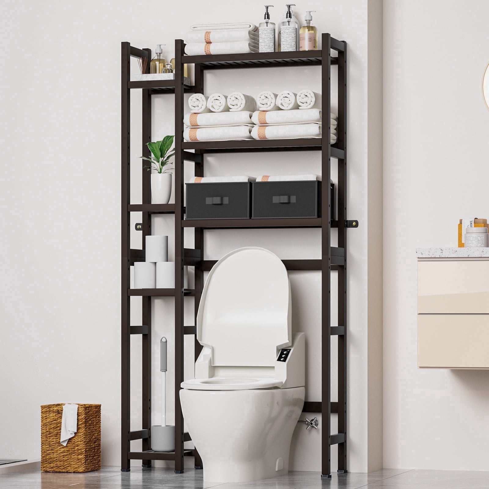 Enogets Over the Toilet Storage, Bamboo Bathroom Organizer with Adjustable Rack, Basket, Drawer & Waterproof feet