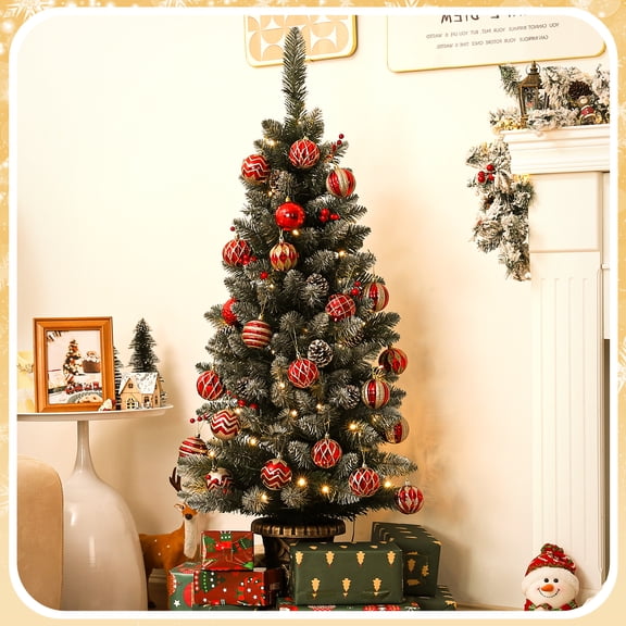 Enogets 4ft Pre-Lit Artificial Christmas Tree, Mini Trees with Gold Pot Base, Flocked Snow, 70 Warm White Led Lights