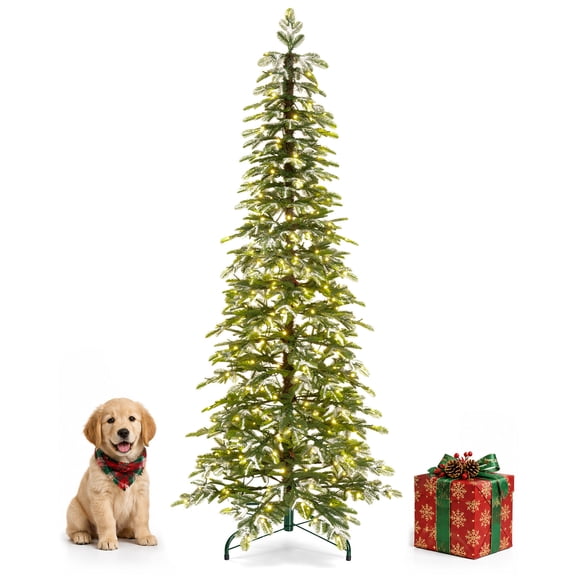 Enogets 7 Ft Slim Fir Christmas Tree, 400 Warm White LEDs, Icy Snow Finish