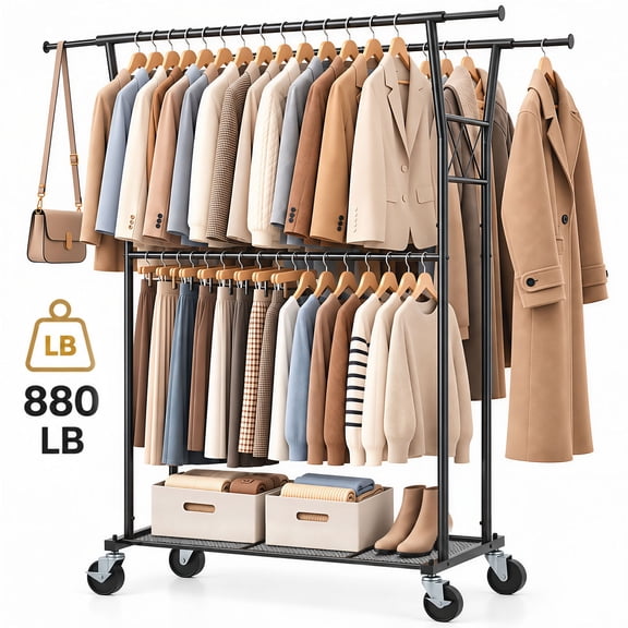 Enogets 880 Lbs Heavy Duty Rolling Garment Rack with Shelf, Extendable Rods, Black, 72 Inches