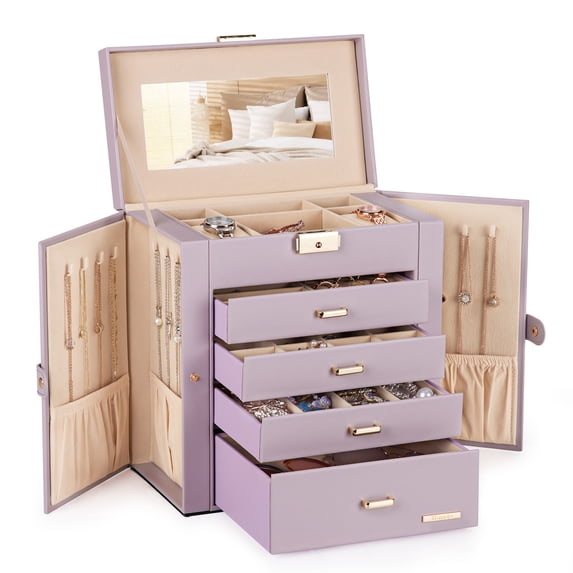 Enogets Large Jewelry Box for Women with Mirror, 5-Layer 4-Drawer Organizer for Rings, Earrings & Necklaces, Dusty Purple