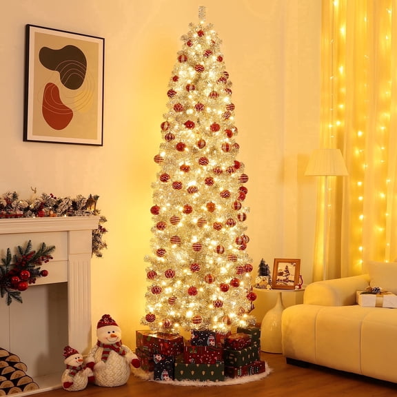 Enogets Pre-lit Pencil Christmas Tree 7.5ft Artificial Xmas Tree with 300 Warm White LED Lights with Metal Stand