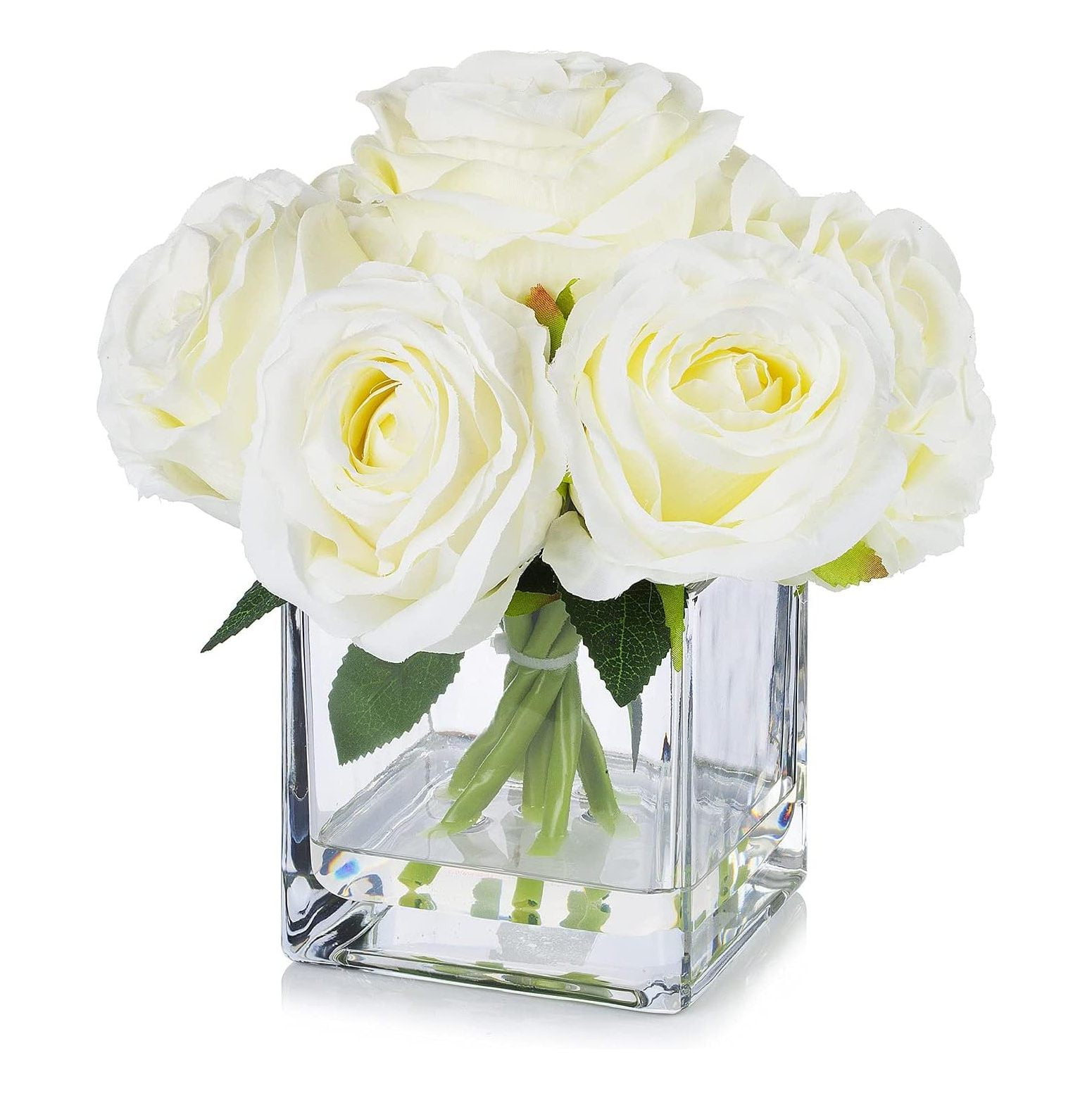 Cream Silk Rose Arrangement in Clear Glass Vase