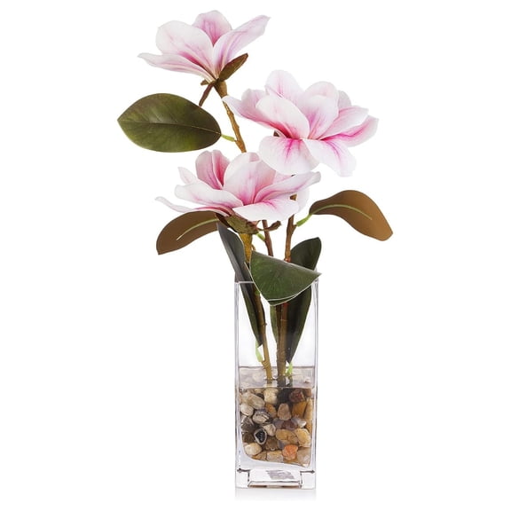 Enova Floral Artificial Real Touch Magnolia Faux Flowers Arrangement in Glass Vase with Faux Water and River Rock for Home Office Wedding Decoration (Pink)