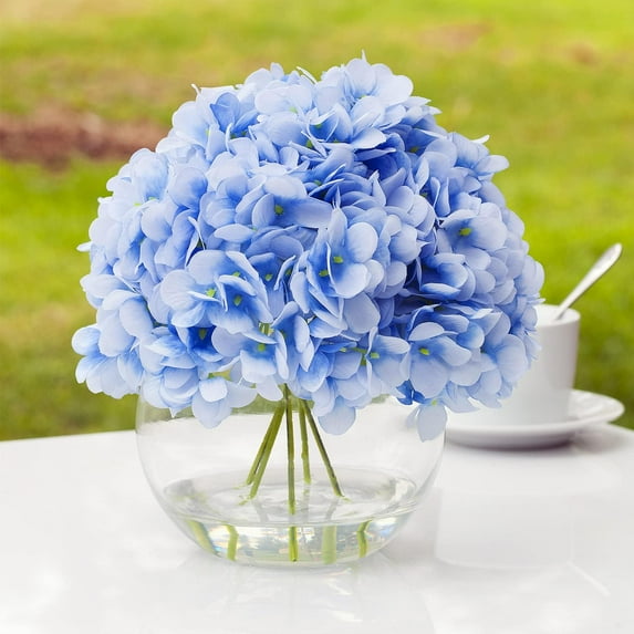 Enova Floral Artificial Silk Hydrangea Fake Flowers Arrangement in Round Clear Glass Vase with Faux Water for Home Office Wedding Event (Blue)