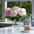 thumbnail image 1 of Enova Home 10 Heads Artificial Silk Rose Flowers in Clear Cylinder Glass Vase with Faux Water (Cream Pink), 1 of 4